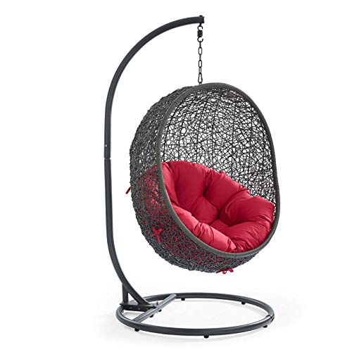 Modway Hide Wicker Rattan Outdoor Patio Porch Lounge Egg Swing Chair Set with Stand in Gray Red