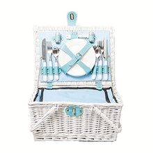 ZYBB Picnic Basket Wicker with Cutlery Insulation Bag Foldable Handles for 4 People 42x32x22cm(Color:White+Blue)