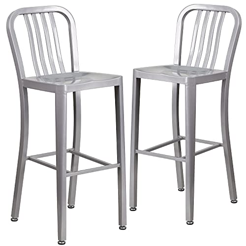 Flash Furniture Gael 30" Commercial Metal Barstools with Footrest, Vertical Slat Back Bar Height Stools for Restaurants and Kitchens, Set of 2, Silver
