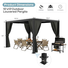 10'×13' Outdoor Louvered Pergola, Aluminum Outdoor Louvered Pergola Patio with Adjustable Roof for Outdoor Deck, Backyard, Garden (10x13FT with Curtain)
