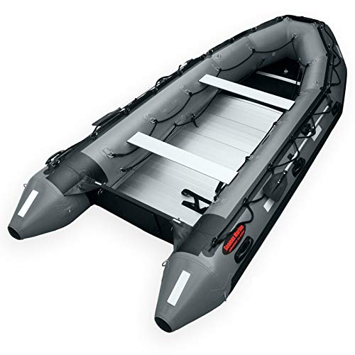 Seamax Ocean380T 12.5 Feet Commercial Grade Inflatable Boat, 5 Pontoon Chambers, Aluminum Floor, V Bottom, Max Support 25HP Motor, Coast Guard Standard Reflective Tapes, Multi-Purpose (Dark Grey)