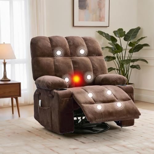 DobleePy Oversized Swivel Rocker Recliner Chair with Heat & Massage, Brown