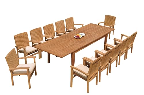 13-pc Outdoor Teak Dining Set: 122" Atnas Table & 12 Wave Arm Chairs