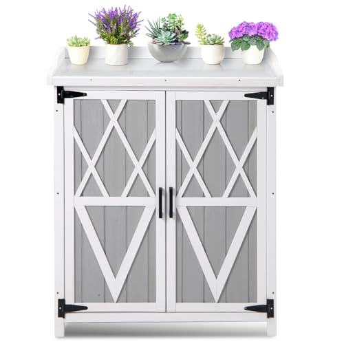 GarveeLife Potting Bench Outdoor Cabinet with Metal Tabletop