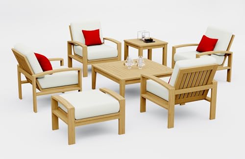 WholesaleTeakFurniture Madras 7 Piece Teak Wood Lounge Chair Set: 4 Lounge Chairs, Ottoman, Square Coffee Table & Square Side Table with Cushions in Outdoor Sunbrella Fabric #5404 Canvas Natural