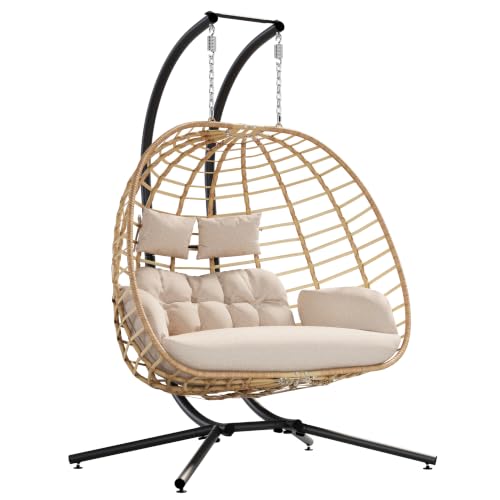 SWITTE Double Egg Chair Outdoor with Stand, Patio Hanging Swing, Beige