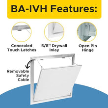 Best 24" x 24" Drywall Inlay Access Panel - Invisa Hatch™ Wall and Ceiling Access Door, 5/8" Drywall Insert, Fully Detachable Hatch, Touch Latches, Open Pin Hinge, Aluminum Mill Finish, BA-IVH