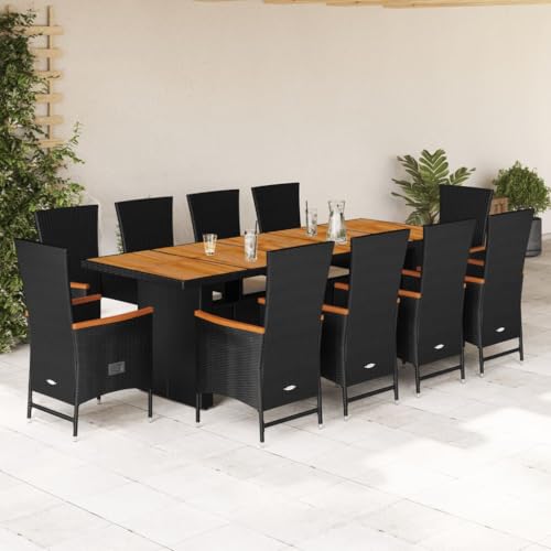 Molumvel 11 Piece Patio Dining Set, 10-Seater Garden Table and Reclining Chairs with Cushions, Black Poly Rattan Outdoor Furniture