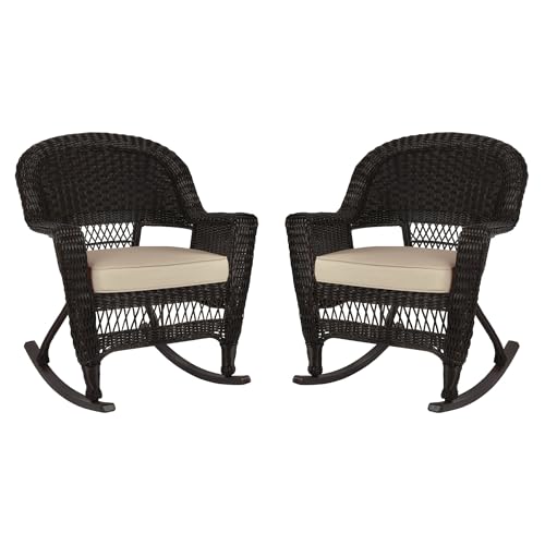Jeco Rocker Wicker Chair with Tan Cushion, Set of 2, Espresso