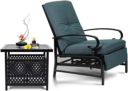 Skiway Outdoor Patio Recliner with Hand-Woven Wicker, Rust-Resistant Frames and Small Side Table Set of 2(Peacock Blue), 1 seat