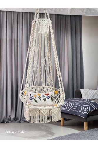 Macrame Swing Hammock Chair Special Weave 23.6 x 31.5 in Cotton Ecru Scandinavian Retro Style for Indoor Outdoor Use Max Load 220 lbs - Ecru Cream