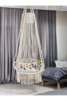 Macrame Swing Hammock Chair Special Weave 23.6 x 31.5 in Cotton Ecru Scandinavian Retro Style for Indoor Outdoor Use Max Load 220 lbs - Ecru Cream