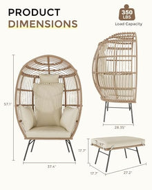 GarveeLife Oversize Wicker Egg Chair with Ottoman, Egg Basket Lounge Chair with Thick Cushion, Comfy Egg Rattan Seat for Indoor Outdoor Patio Porch Backyard, Beige