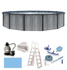 Blue Wave San Pedro 18-ft Round 52-in Deep Above Ground Swimming Pool – Steel Top Rails, Sand Filter, Skimmer, Liner, A-Frame Ladder & Maintenance Kit – Complete Outdoor Pool Accessories