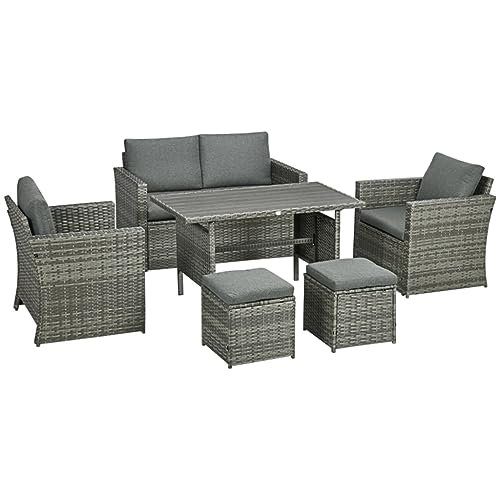 ZSLKDL 6 Pieces Patio Dining Set, PE Rattan Furniture Set with 2 Chairs Cushions Loveseat Sofa,Woodgrain Slatted Dinner Table