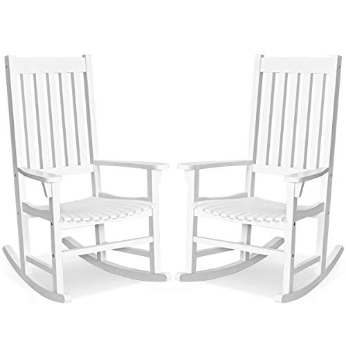 2PCS White Acacia Wood Rocking Chair Porch Rocker Comfortable Armrest Backrest Suitable for Both Indoor Outdoor Use Perfect for Patio Backyard Balcony Garden Pool Side Use 350 LBS Weight Capacity
