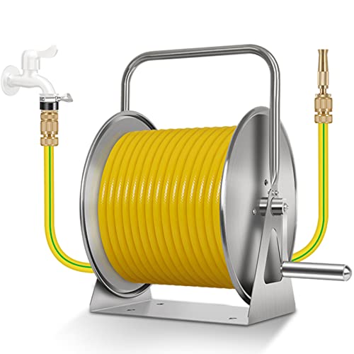 Wall/Floor Mount Hose Reel 1/2 Inch Garden Hose, Hose Butler Stainless Steel Water Hose Rack with spray gun and accessories, Portable Hose Stand Patio Hose Hanger, Hose Holder Storage Swivel Bracket