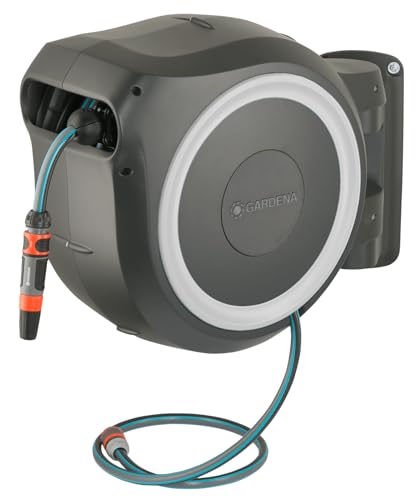 Gardena Wall-Mounted Hose Box Rollup M/L (White) 25 m: Automatic Hose Reel for Medium-Sized to Large Gardens, Includes 25 m Gardena Hose & Mounting Kit