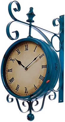 saditesdk Wall Clock, Blue Double Sided Station Clock Outdoor Garden Clock Weatherproof Outdoor, 360 ° Rotation Wrought Iron Retro Wall Clock Decoration Outdoor Garden Clocks for Indoor Outdoor，A
