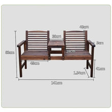 Outdoor Garden Park Bench, Weatherproof Wood Yard Bench Lawn Patio Porch Bench with Backrest and Arms, Two-Person Seat with Table, for Backyard/Balcony/Entry