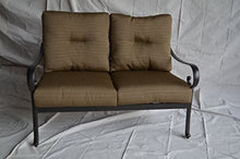 Santa Anita Outdoor Patio 6pc Seating Group Dark Bronze Cast Aluminum Premium Fabric Sunbrla Linen Sesame Cushions