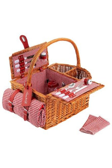 Handmade Wicker Picnic Basket Set for 2 People with Gingham Pattern, Wood, Insulated Compartment, Includes Cutlery, Plates, Glasses, and Water-Resistant Blanket - Brown