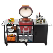 Grill Table for Big Green Egg Style BBQ, Heavy Duty Metal Outdoor Grill Station Prep Table With Storage,Garbage Bag Holder, Hooks, Paper Towel Rack, Wheels, Compatible With Egg Kamado Griller