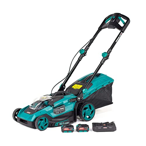 NAC Battery Lawnmower 20 V, Battery Operated Lawnmower with 2 x Li-Ion Batteries 4.0Ah and Dual Charger 3.0 A, Cutting Width 40 cm, Lawn Mower, Electric Collection Tray 40 Liters, Cutting Height 25-75
