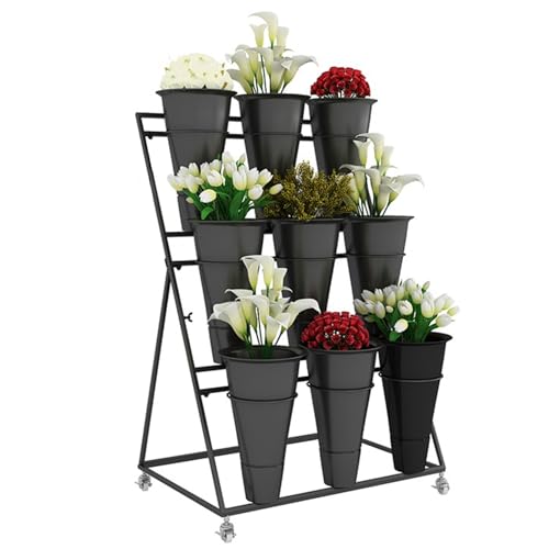 Flower Display stand s with Flower Buckets, Movable Plant Cart Shelf Cut Flowers Container Shelf, Metal Mobile Florist Bouquet stand for Flower Shop, Wrought Ir（Black Frame Black Bucket-75×50×110cm）