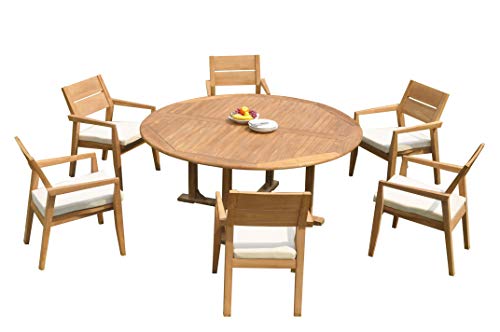 7 PC A Grade Outdoor Patio Teak Dining Furniture Set - 72" Round Table & 6 Cellore Stacking Arm Chairs