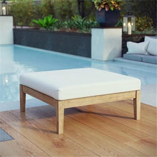 Pemberly Row Outdoor Patio Ottoman, Solid Teak Wood, Natural/White Finish, 17.5" H x 34.5" W x 34.5" D, Water and UV-Resistant Cushions, Machine Washable Cover, Durable Outdoor Footrest for Patio Use