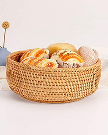Hadewoven Round Rattan Fruit Basket Wicker Food Tray Weaving Storage Holder Dinning Room Bowl (Large 10.2 Inch) Picnic Basket
