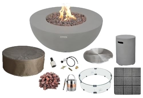 AMS Fireplace | Modeno Roca Package | Light Gray Liquid Propane Gas Fire Pit Table for Outdoor Patio Bundle with Tank Cover, Wind Guard, and SS Burner Lid | Free Rubber Mat & Ice Bucket