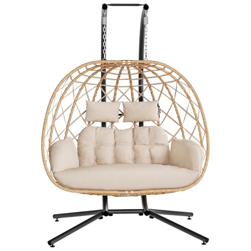 SWITTE Outdoor Double Hanging Egg Swing Chair with Stand & Cushion, Beige