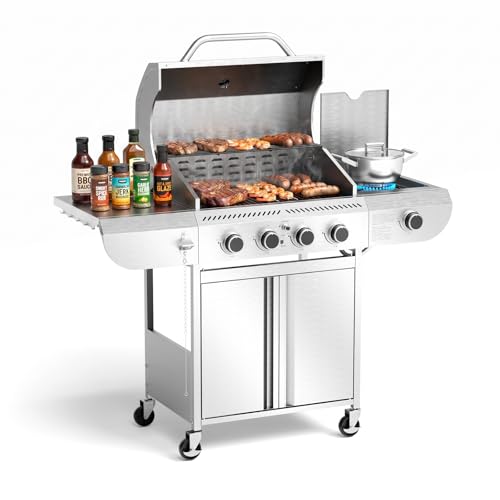 Electactic G41 Pro Gas Grill,Heavy-Duty Stainless Steel BBQ Grill,4 Burner Gas Grill with Side Burner,42000 BTU Propane Grill for Outdoor Cooking,Barbecue,Garden and Patio Backyard