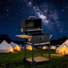 Portable Charcoal Grill with Foldable Side Table and Storage Shelf, Compact BBQ Grill with Wheels and Thermometer, Outdoor Cooking Grill for Backyard Patio Camping Tailgating (Black1)