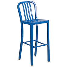 EMMA + OLIVER Commercial Grade 30" Round Blue Metal Bar Table Set-4 Vertical Slat Back Stools