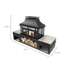 Deko Living Rimasco 80-Inch Metal Wood Burner Fireplace with Side Storage Tables - Wood Burning Fire Pit for Home - Smokeless Patio Fire Pit - Outdoor