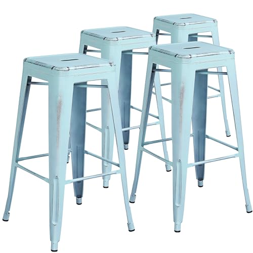 Flash Furniture 30 in Metal Indoor/Outdoor Backless Barstool, Green, 4-Pack