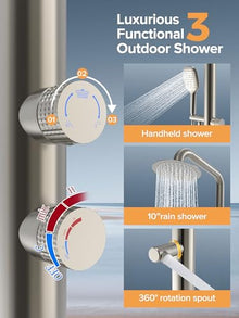 WCQQ 316 Stainless Steel Outdoor Floor Shower with 3 Functions, Freestanding 10" Headshower & Handheld Shower for Backyard Patio Relaxation/Easy Garden Clean (Brushed nickel)