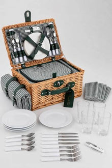 4 Person Picnic Basket Hand-Woven Wicker Picnic Set with Green Gingham Lining and Insulated Compartment - 25.6 x 13 x 9.8 inches - Brown