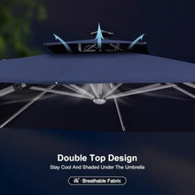 11FT Double Top Square Deluxe Lighted Cantilever Umbrella With Base,Navy