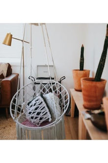 Macrame Hammock Swing Chair for Adults, Handmade Cotton Rope, 21.7 x 27.6 in Seat, 180-78.7 in Rope Length, 220.5 lb Capacity, Ecru Color, Scandinavian Style, Indoor/Outdoor Use, Includes Mounting Har