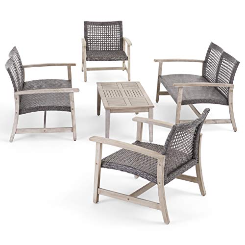 GDFStudio Outdoor 5 Piece Wood and Wicker Loveseat Chat Set, Mixed Black