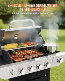 EUHOME 4-Burner Propane Gas BBQ Grill with Side Burner, 46,500 BTU Output Stainless Steel Barbecue Grill with Enameled Cast Iron Grates and Side Tables for Outdoor Cooking Kitchen and Patio Backyard