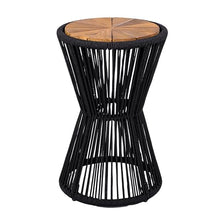 Merax 2 Pieces Round Outdoor Side Table Set, Bohemian Patio Side Tables with Acacia Wood Top and Black Handwoven Rope Base for Garden, Pool, Yard, Elegant Hourglass Design, No Assembly, 25.8" Height