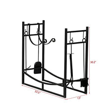 Wood Lumber Storage Indoor Outdoor Wrought Iron Fireplace Firewood Stand 43.5 Inch Long Black Sand Grain Matte Rectangle with 4 Tools 2 Large Hooks