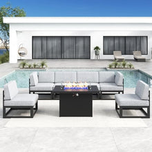 LayinSun Large Aluminum Patio Furniture Set with Fire Pit Table, 7 Pieces Outdoor Sectional Sofa Set Black/Light Grey