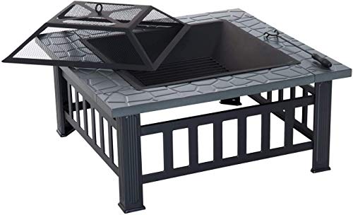 Fire Pit BBQ Grill, Outdoor Square Metal Firepit, Garden Fire Pits,Fireplace Garden Stove BBQ Fire Pit Charcoal Rack with Mesh Cover,Outdoor Fire Pits