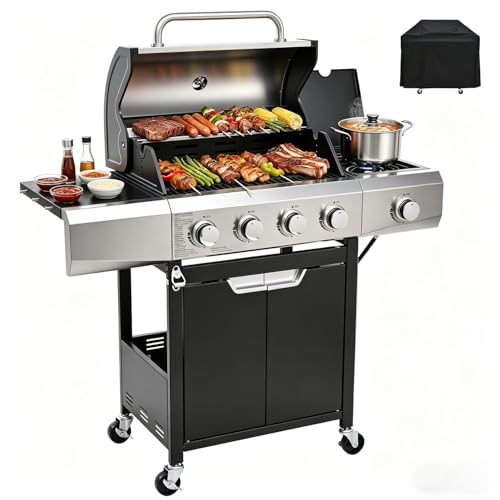 EUHOME 51,000 BTU 4-Burner Propane Gas Grill with Side Burner – Large 452 sq.in Stainless Steel BBQ Grill, Enameled Cast Iron Grates, 4 Swivel Casters & Protective Cover for Backyard Patio Family